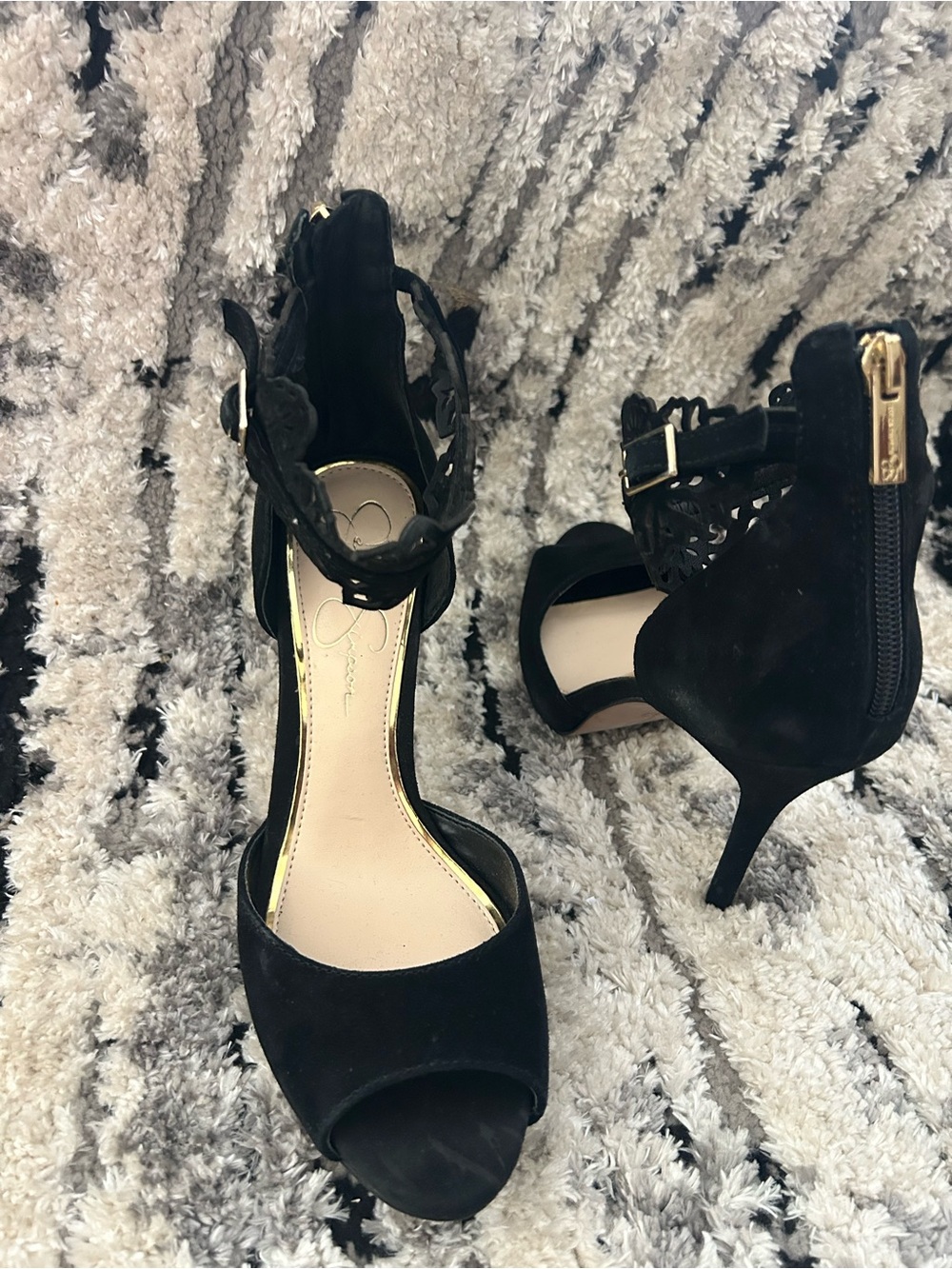 Jessica Simpson Black Suede Peep-Toe Ankle-Strap Heels